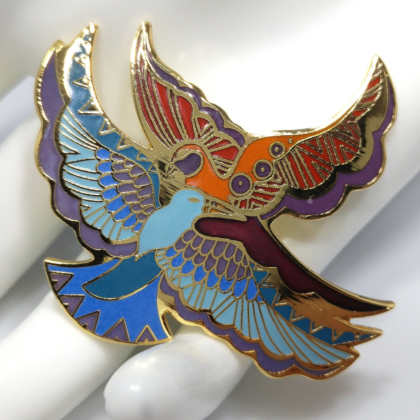 Laurel Burch "Ethereal Birds" Brooch, Cloisonné and Enamel, Gold Plated, 1980s Vintage Jewelry