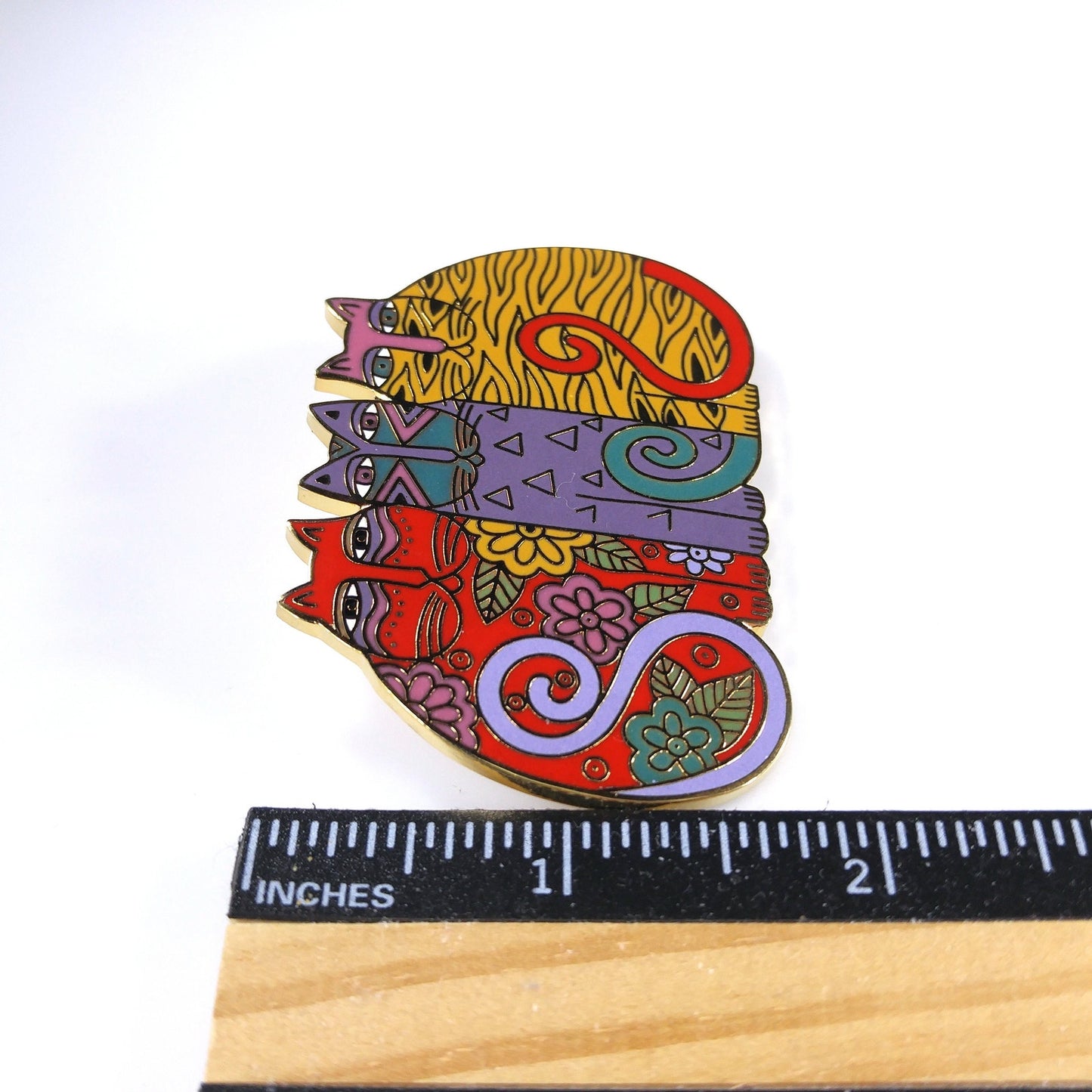 Laurel Burch "Mysticats" Large Cat Brooch, Gold Plated Cloisonne, 1980s Vintage Jewelry