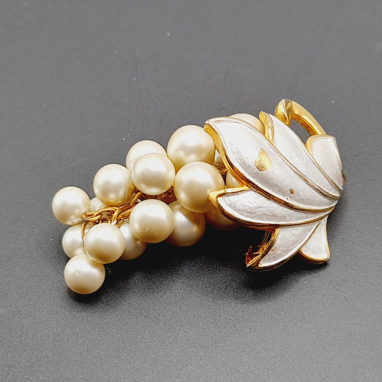 Vintage Alice Caviness Grape Cluster Brooch, White Enamel Leaf, Faux Pearl Berries, Gold Tone Pin, Mid Century Jewelry