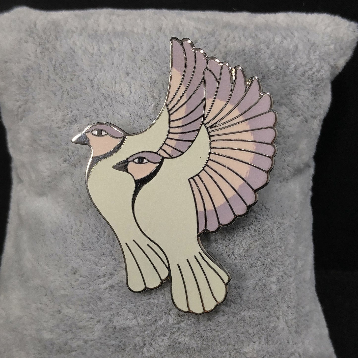 Vintage Laurel Burch "Hummingbirds" Pendant Brooch, White Gold Cloisonne, 1980s