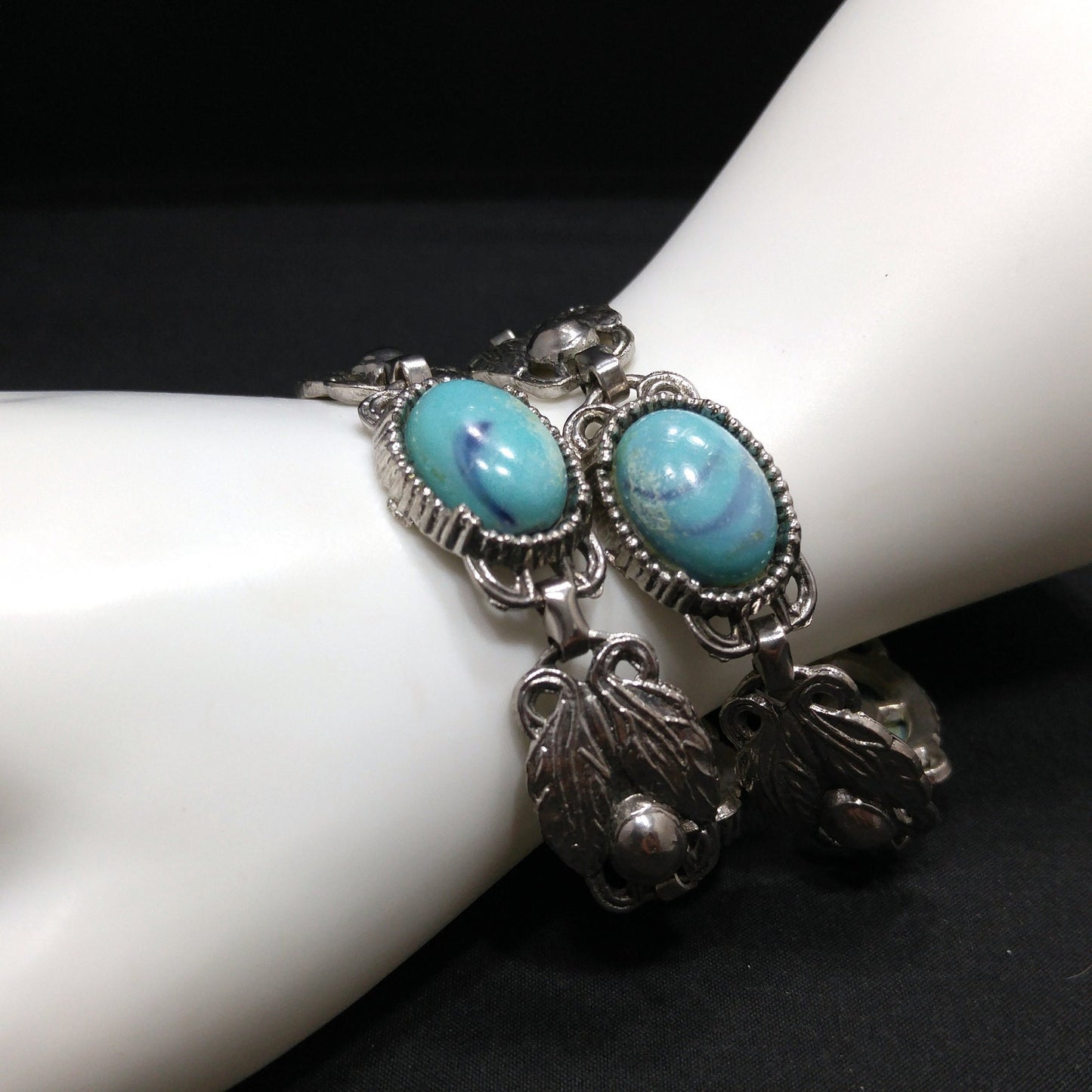 Lucite Faux Turquoise Double Strand Bracelet, Silver Leaves, 1950s Vintage Jewelry