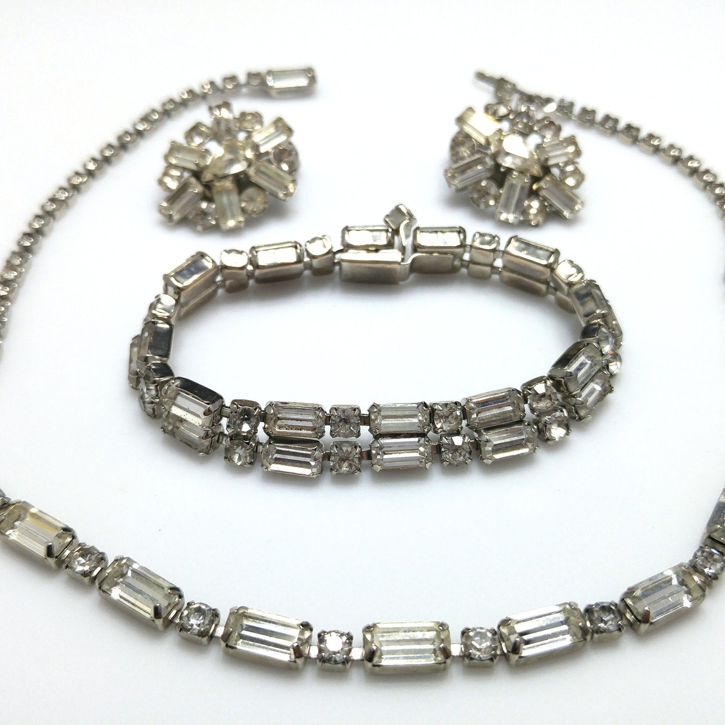 Vintage Weiss Earrings Bracelet & Necklace, Clear Rhinestones, Rhodium Plated