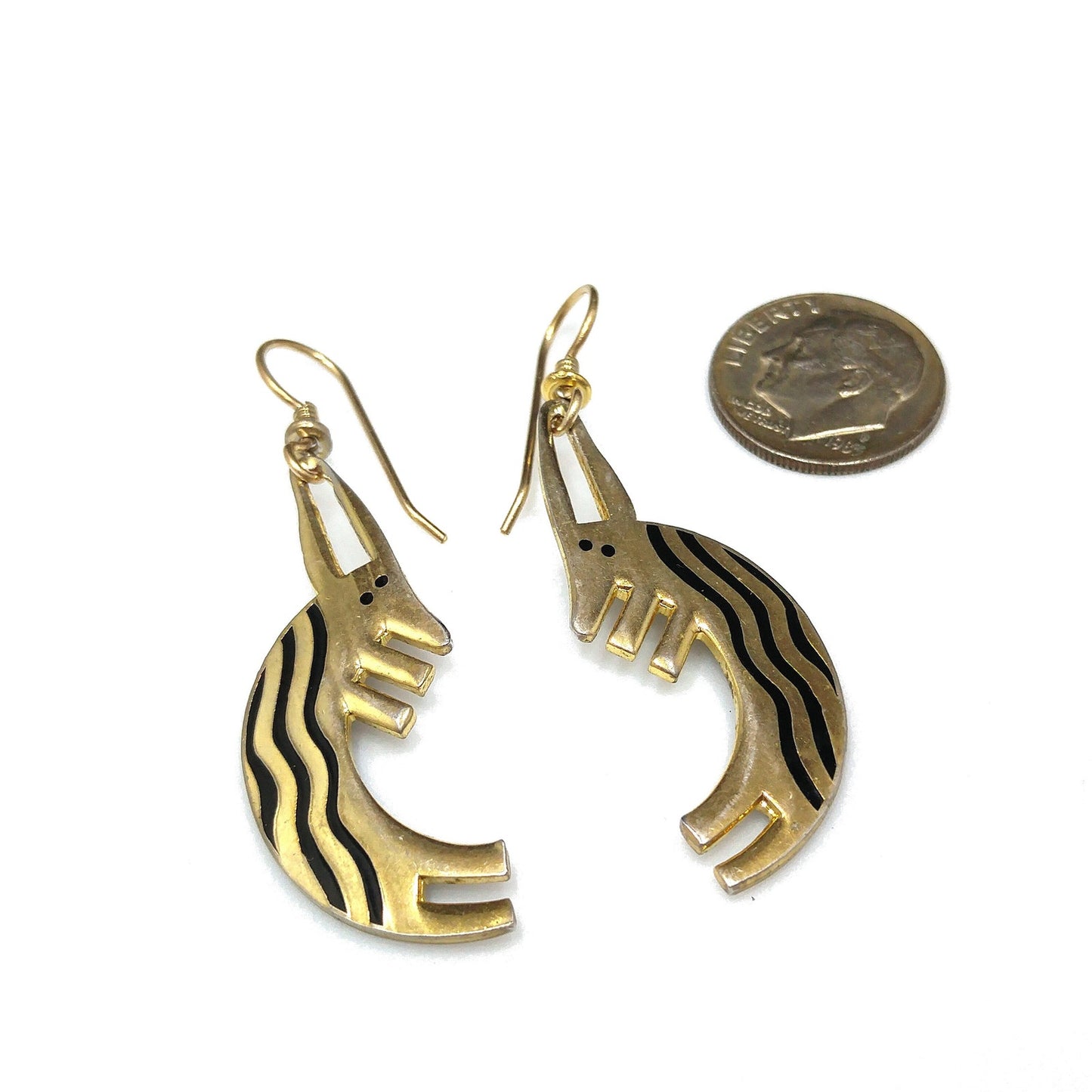 Laurel Burch "Conejo" Rabbit Dangle Earrings, Striped Black Enamel, 1980s Vintage Jewelry