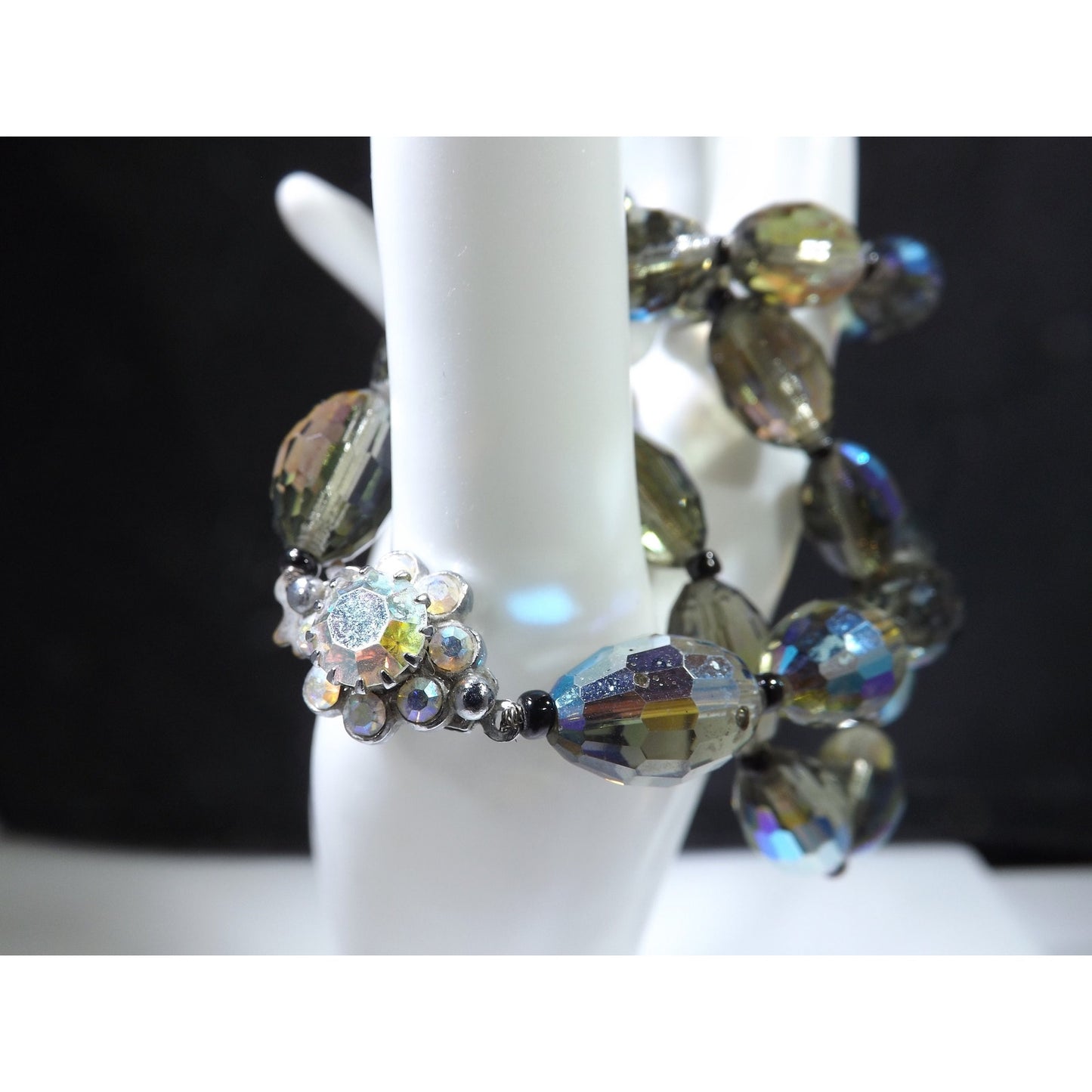 Vintage Chess Oval Aurora Borealis Crystal Beaded Necklace, Rhinestone Clasp, 1960s Vintage Jewelry