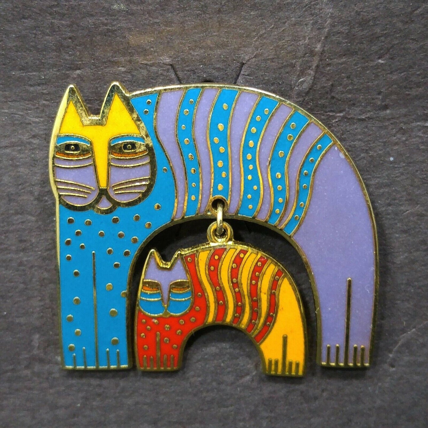 Laurel Burch Mr Jios Cat Vintage Brooch, Cloisonne Gold Plated 1980s