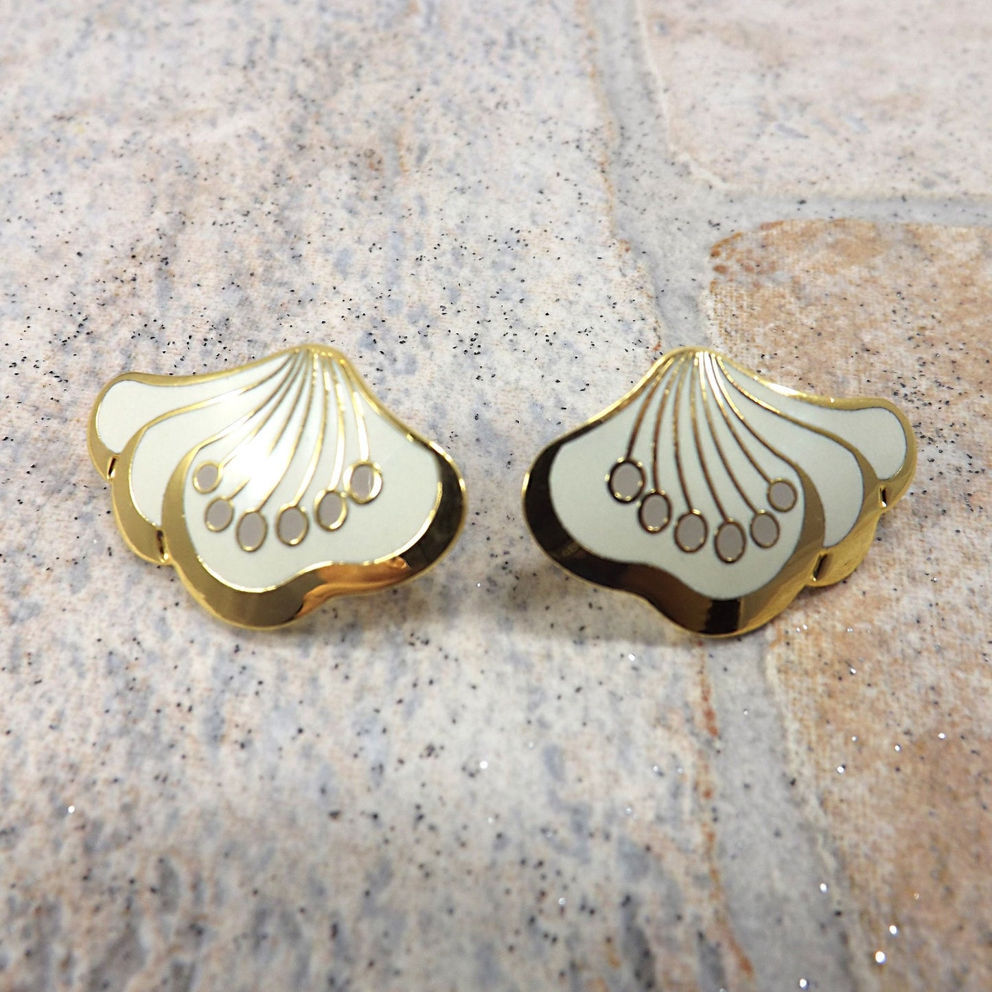 Laurel Burch "Le Fleur" Gold & White Post Earrings, Gold Plated, 1980s Vintage