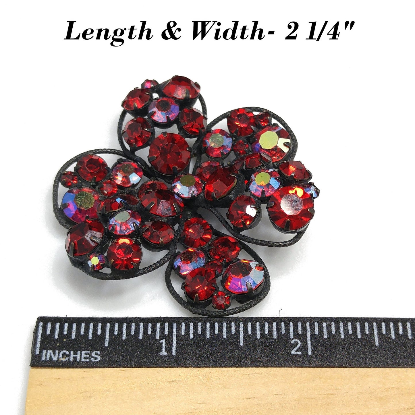 Vintage Regency Red Rhinestone Japanned Brooch, Aurora Borealis, 1960s Vintage Jewelry