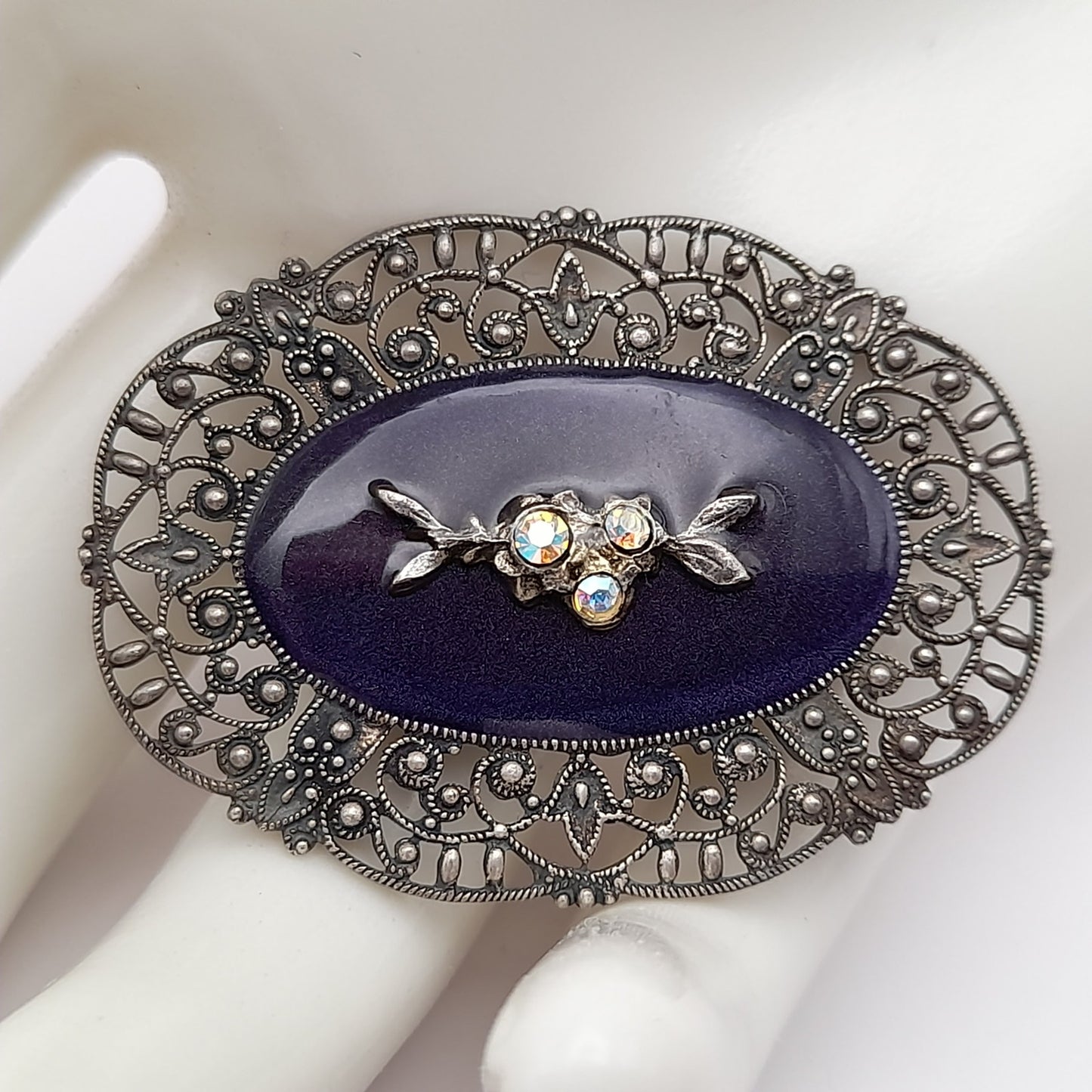 Vintage Catherine Popesco Art Deco Black Enamel AB Rhinestones Brooch