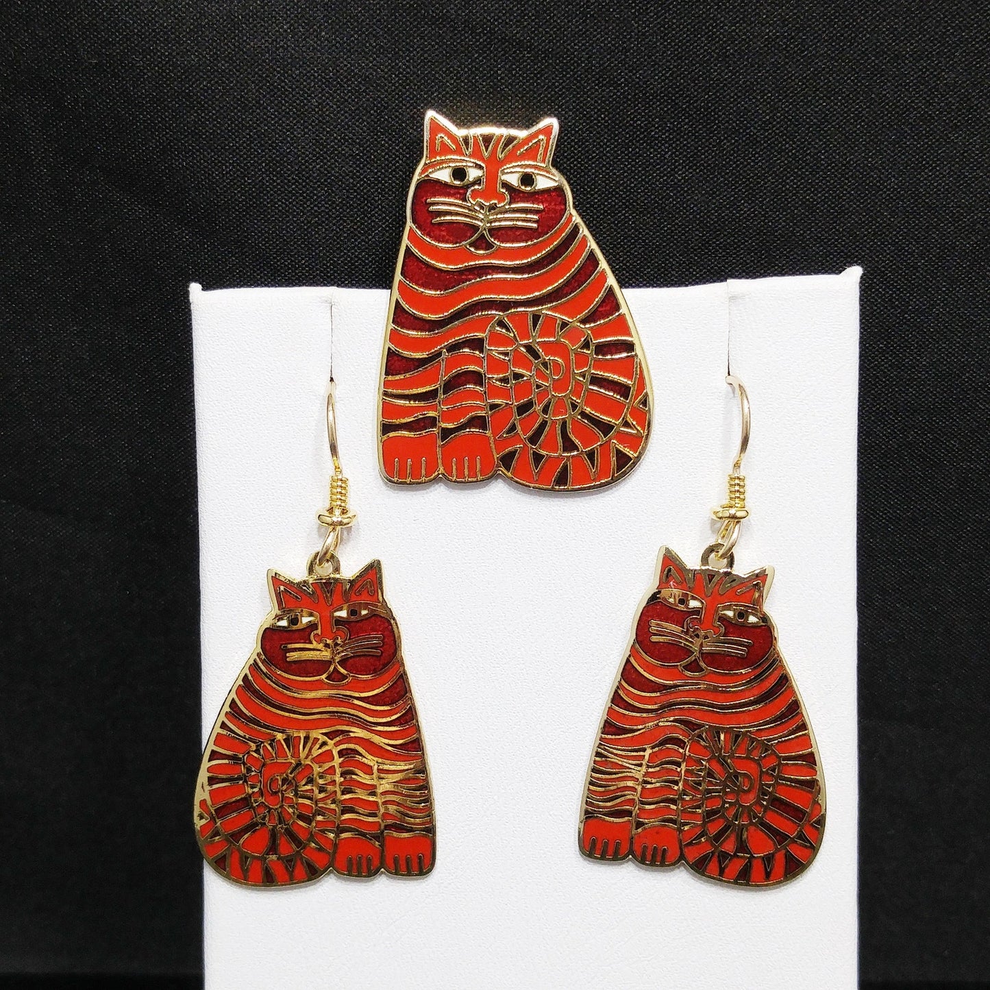 Laurel Burch "Shambala" Red Cat Brooch & Earrings, Gold Plated Cloisonné Enamel, 1980s Vintage Jewelry