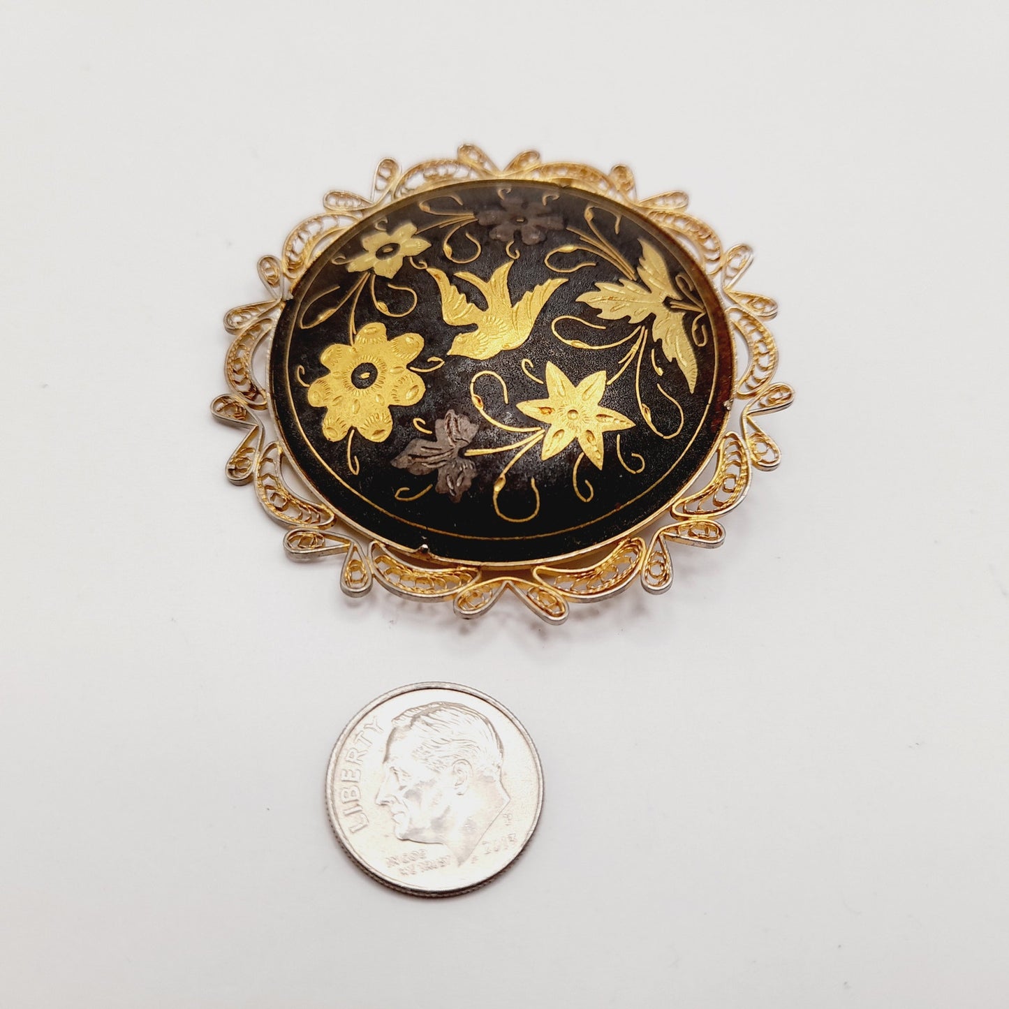 Vintage Spanish Damascene Filigree Bird Flower Gold Inlay Brooch – 2 1/4”