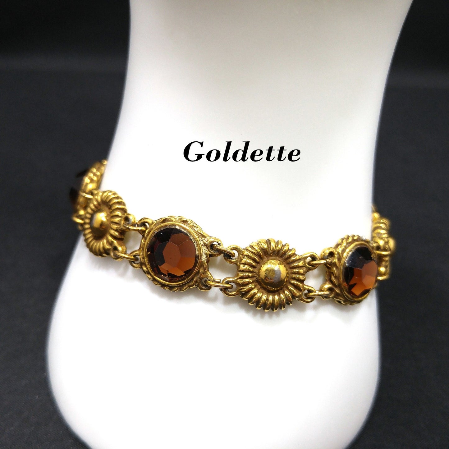 Goldette Light Topaz Rhinestone Link Bracelet, Lucite Rhinestones, 1960s Vintage Jewelry