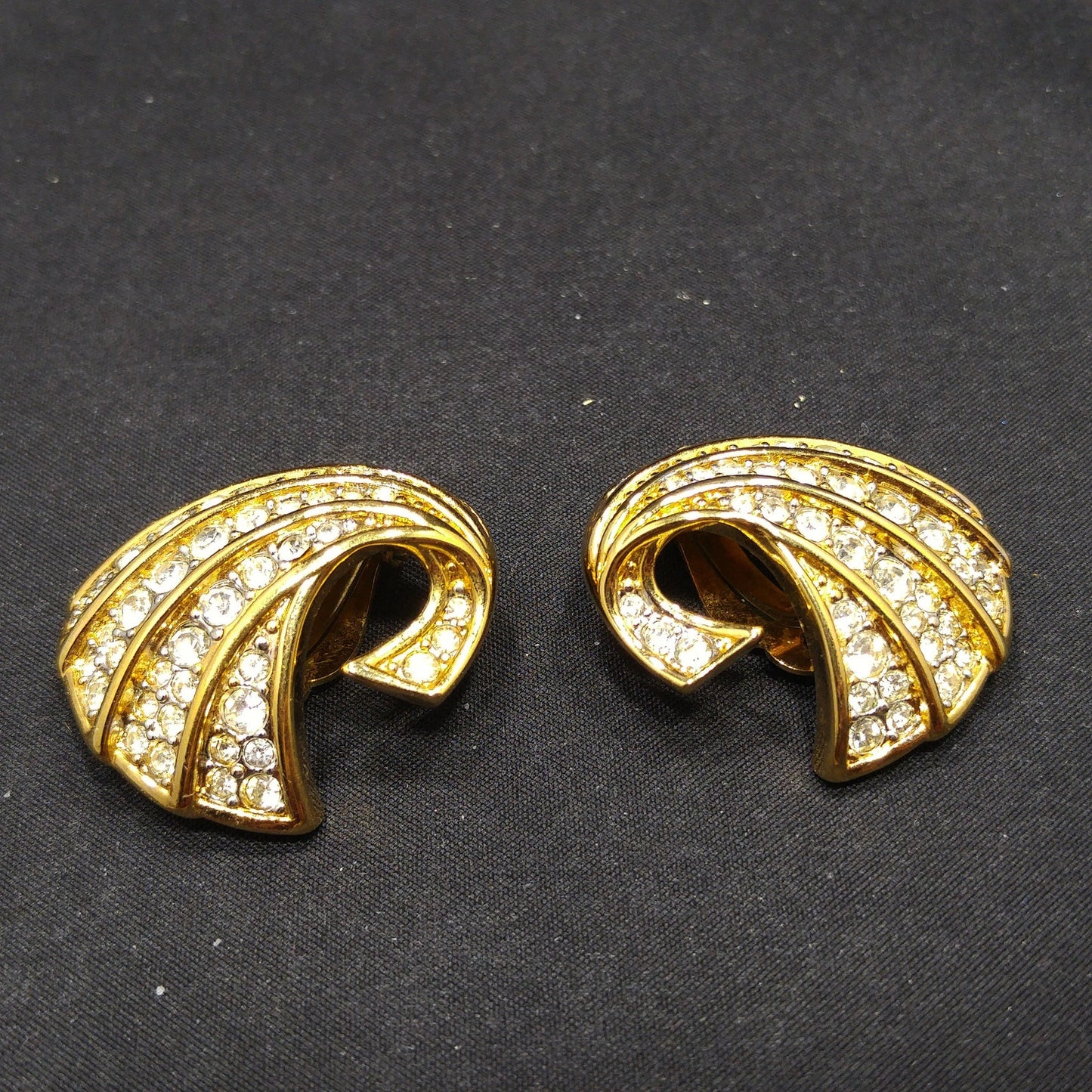Nina Ricci Gold Plated Earrings, Pave Clear Rhinestones, 1960s Vintage Jewelry