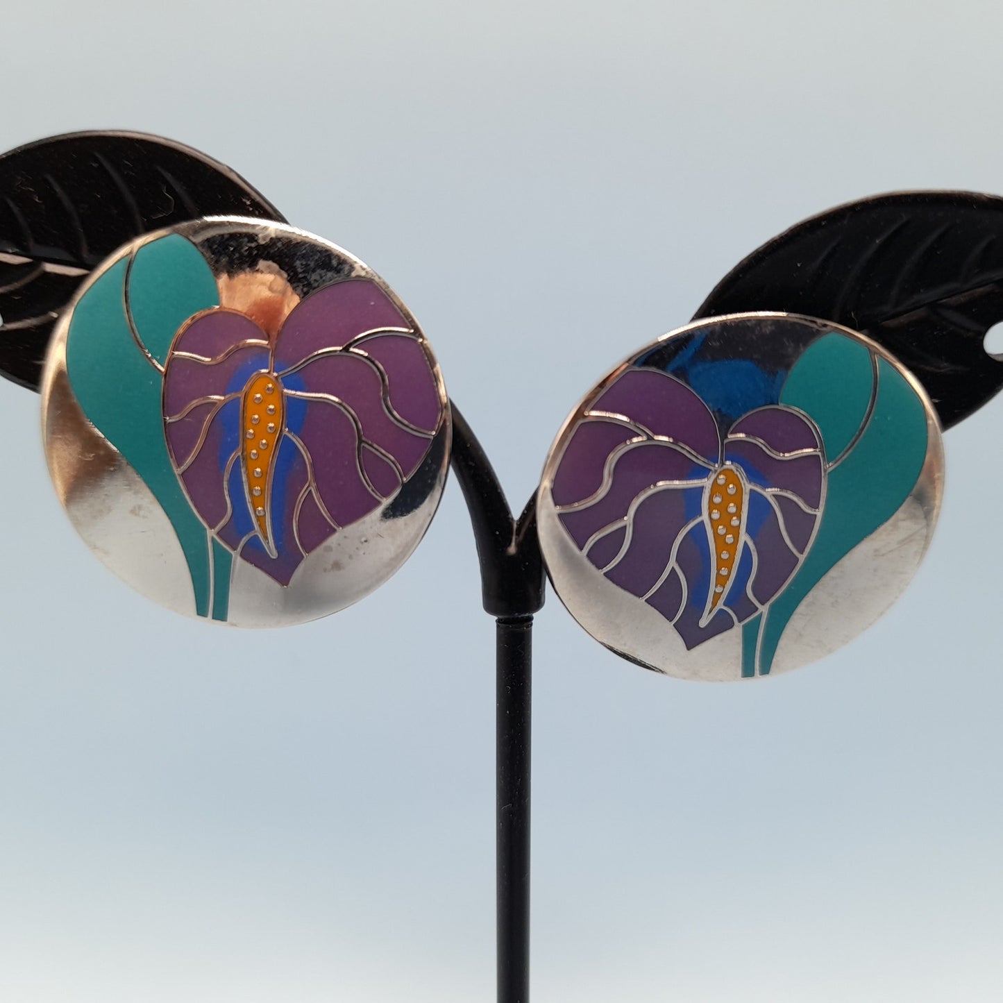 Vintage Laurel Burch Antherium Rhodium Plated Earrings