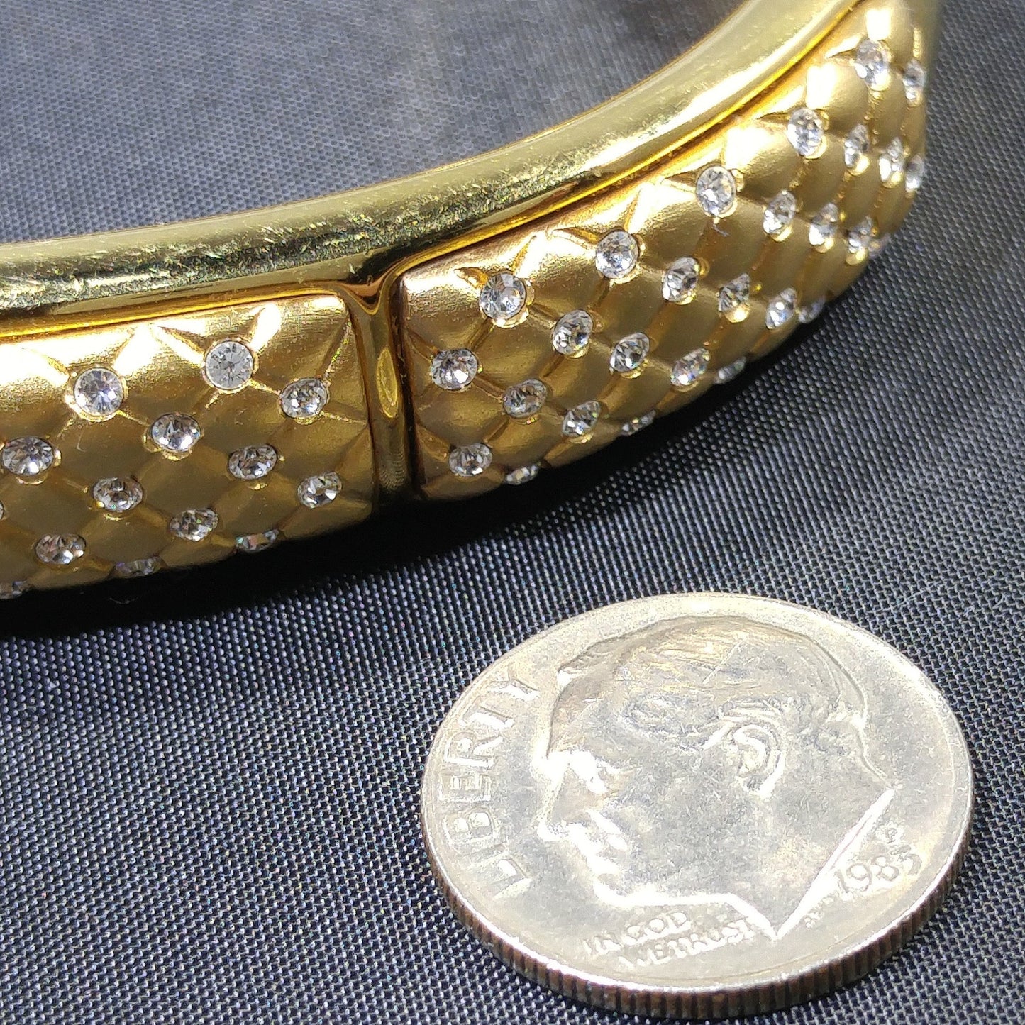 Vintage Swarovski Gold Plated Hinged Cuff Bracelet Clear Rhinestones Swan Logo