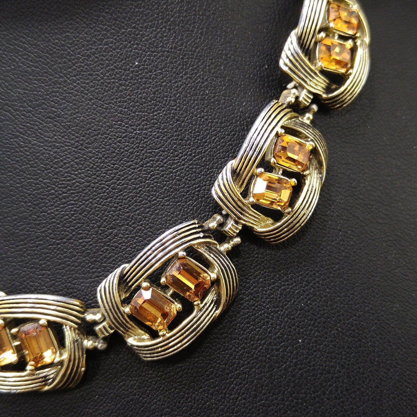 Kramer Topaz Rhinestone Choker Necklace, Gold Plated Black Enamel, 1950s Vintage Jewelry