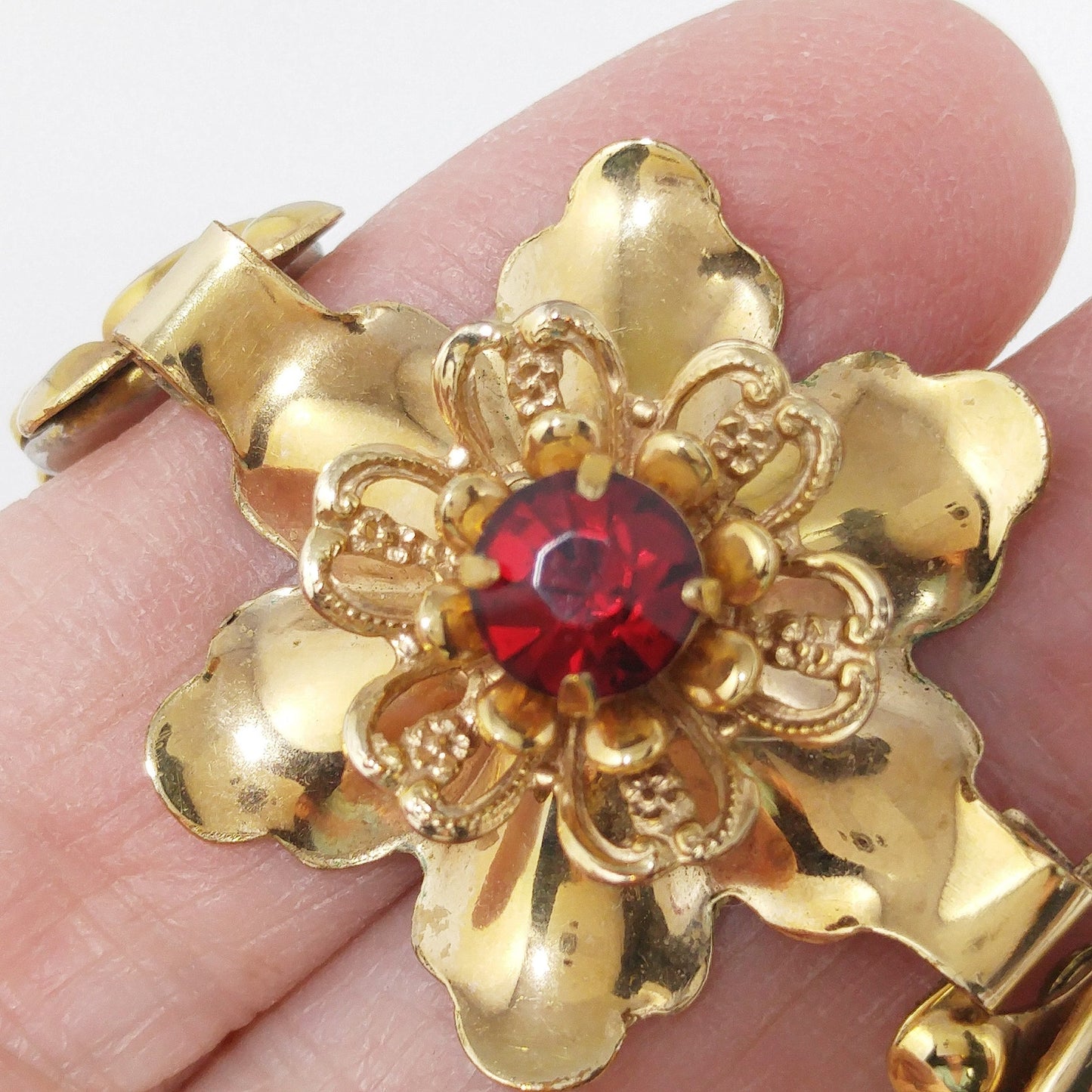 Barclay Gold Filled Flower Expansion Bracelet, Red Crystal Gold Flower