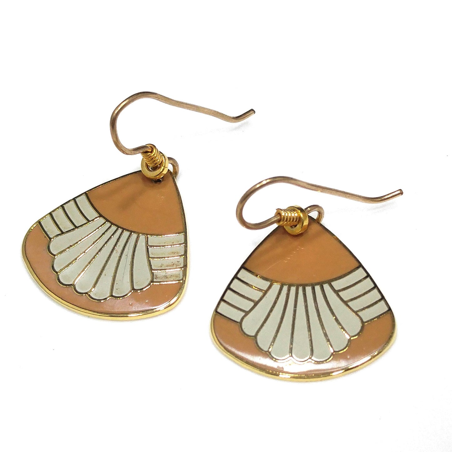 Vintage Laurel Burch Waterfall Earrings, Gold Plated, Beige & Gray Enamel