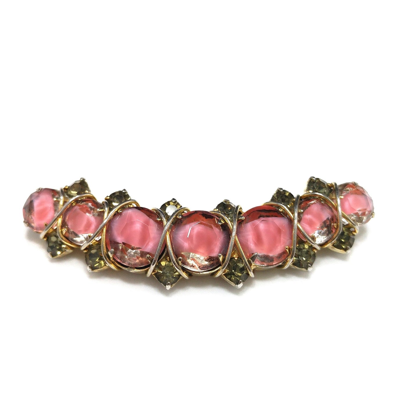 Hattie Carnegie Pink Art Glass Brooch, Gold Plated, Wire Wrapped, 1960s Vintage Jewelry