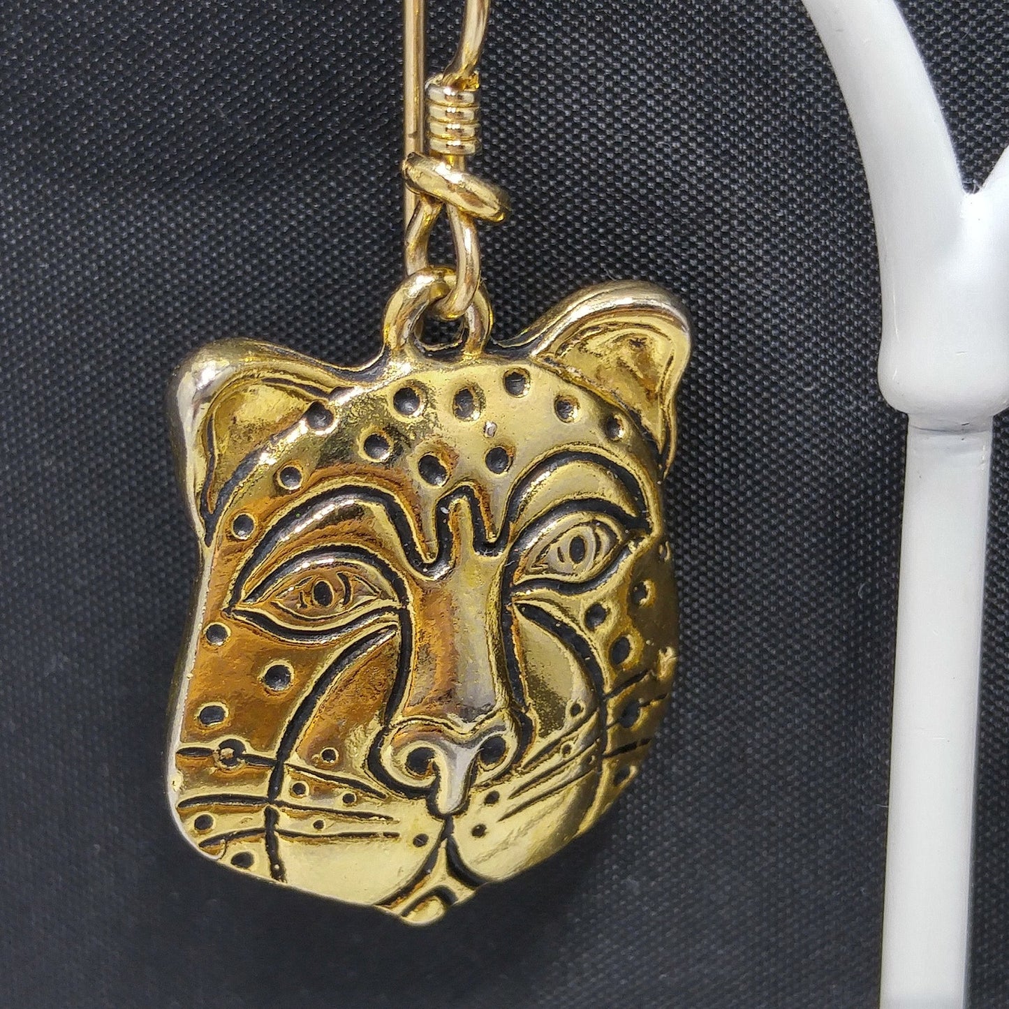 Laurel Burch Tiger Face Dangle Earrings, Gold Plated, 1980s Vintage Jewelry