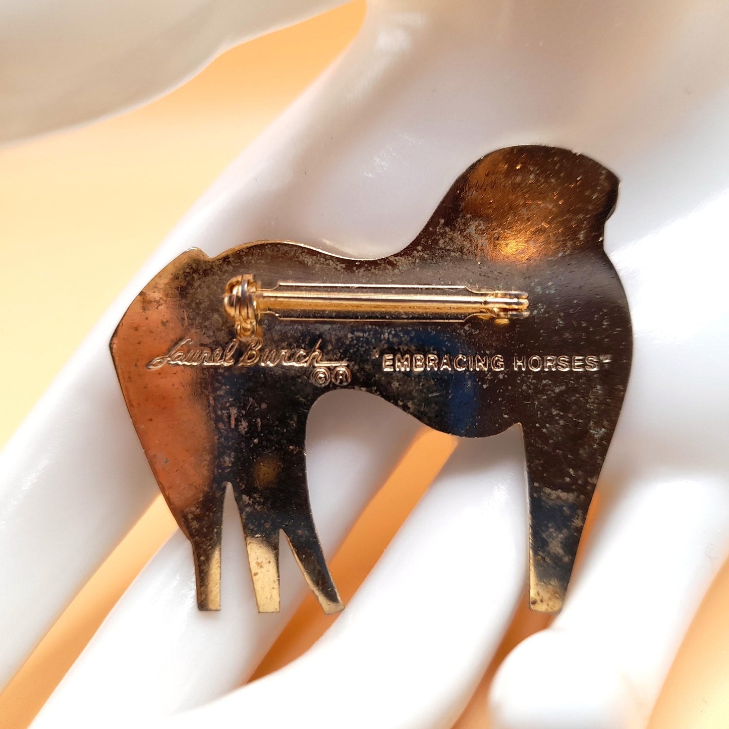 Laurel Burch "Embracing Horses" Brooch, Gold Plated, Black White Horse, 1980s Vintage Jewelry