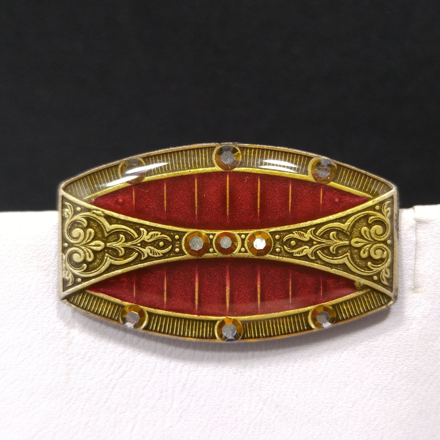 Catherine Popesco Red Enamel Art Deco Brooch, Rhinestones Under Enamel, France, 1980s Vintage Jewelry