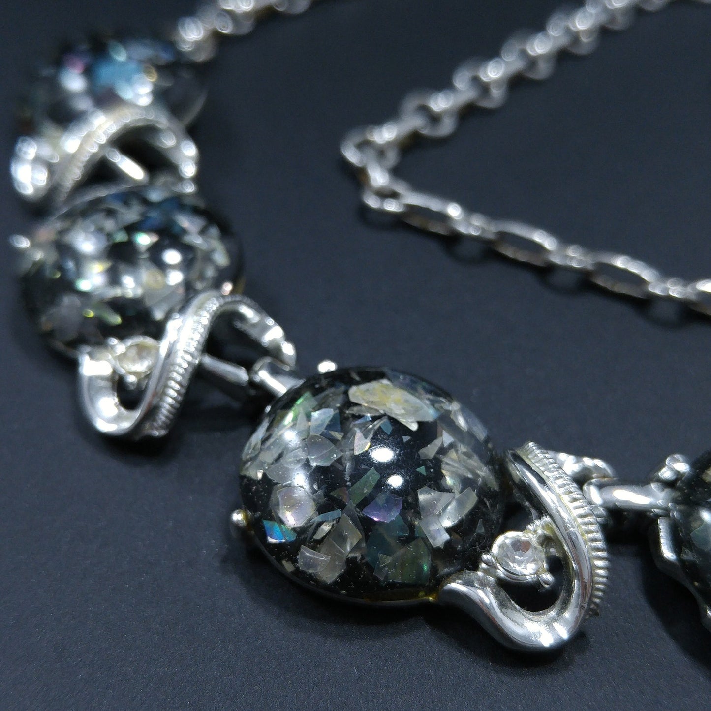 Coro Lucite Confetti Necklace, Gray Lucite & Silver Tone, 1950s Vintage Jewelry