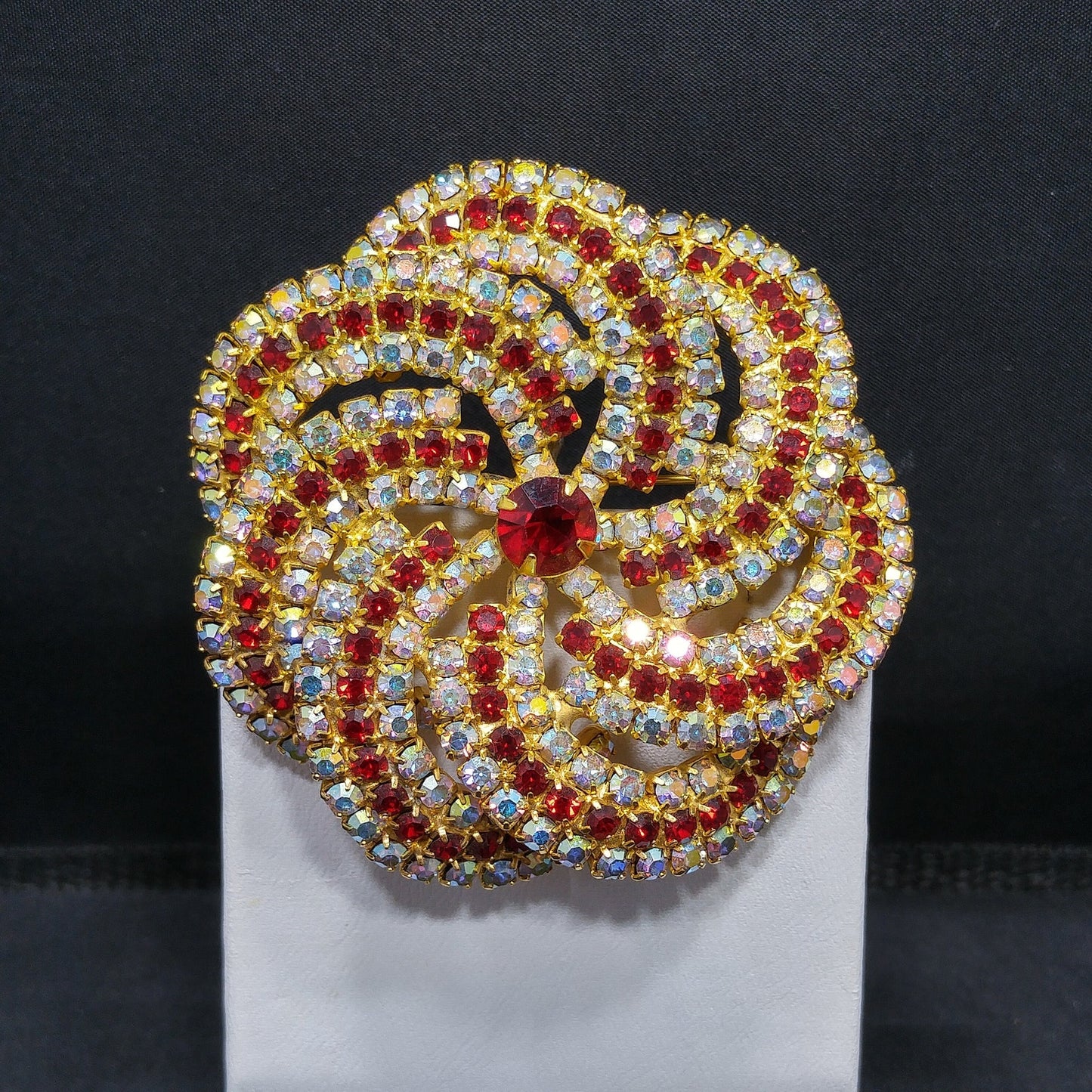 Vintage Pinwheel Rhinestones Brooch, AB Clear Red Rhinestones, Gold Plated, 1960s