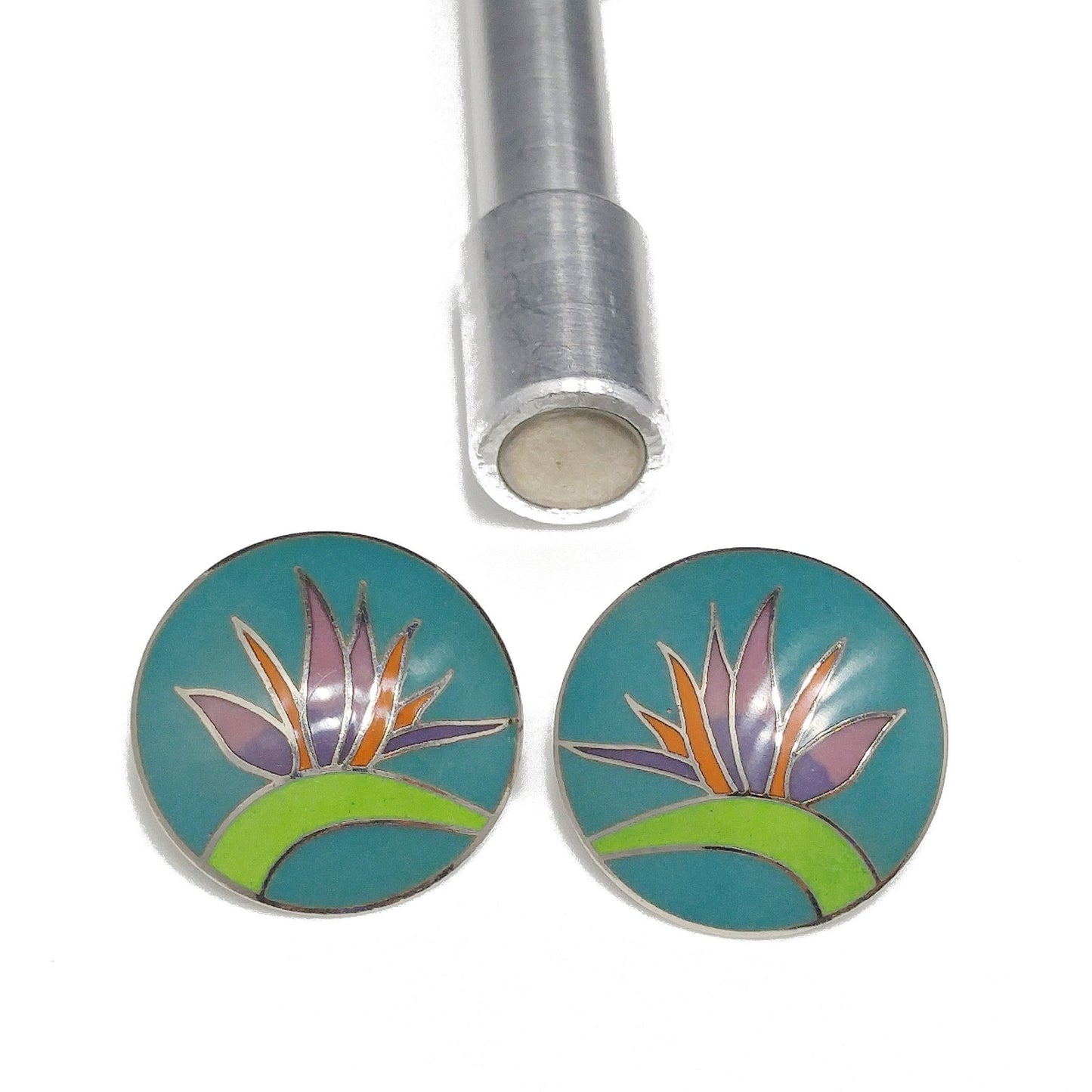 Vintage Laurel Burch Bird of Paradise Post Earrings, Silver Tone Cloisonné