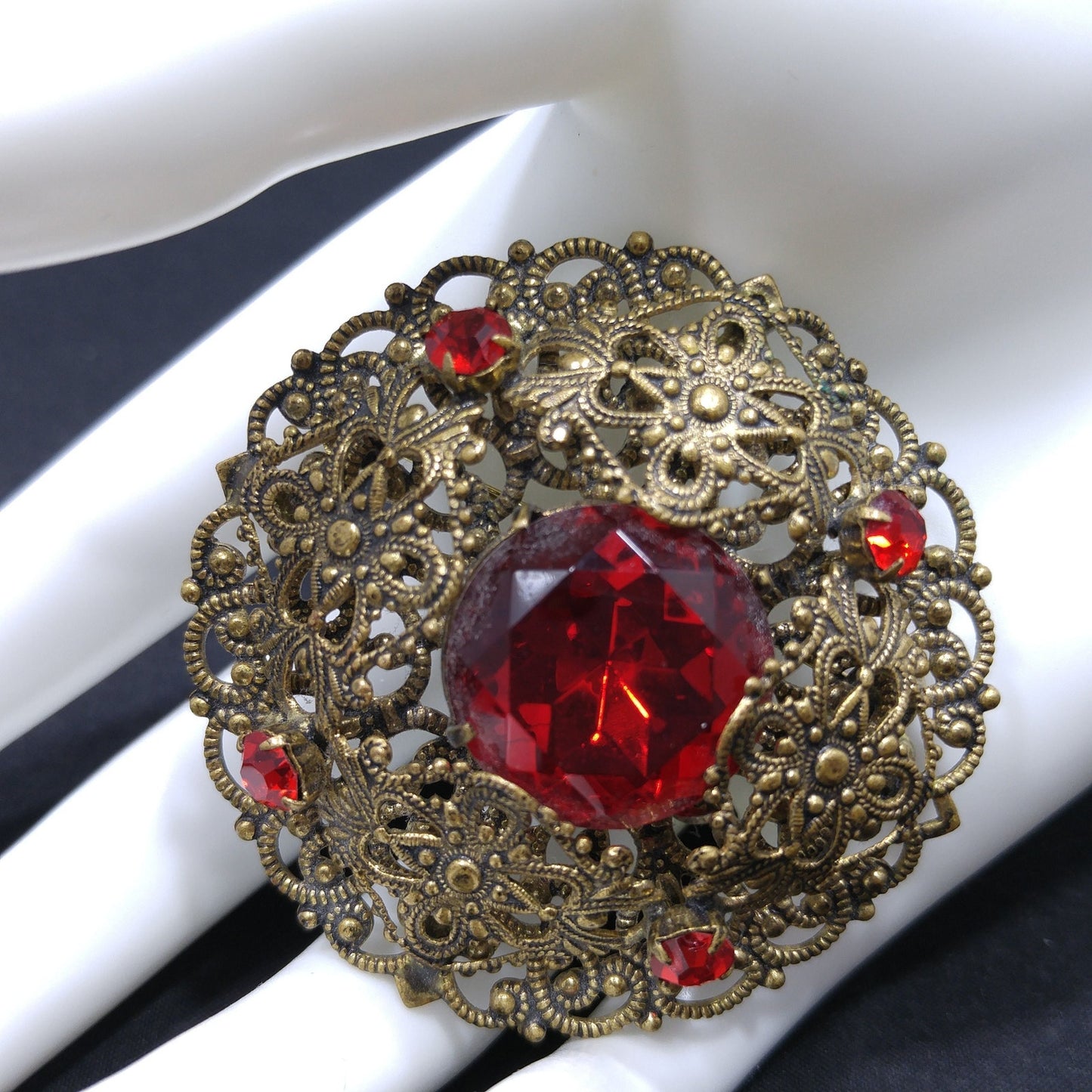 Red Rhinestone Filigree Brooch, Unmarked Germany or Czech, 1940s Vintage Jewelry