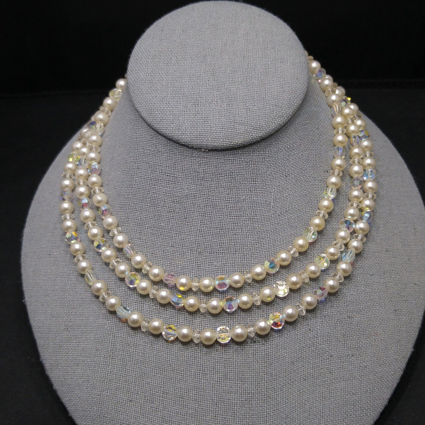 Mid-Century Crystal Faux Pearl Necklace, Three Strands, 1950s Vintage Jewelry