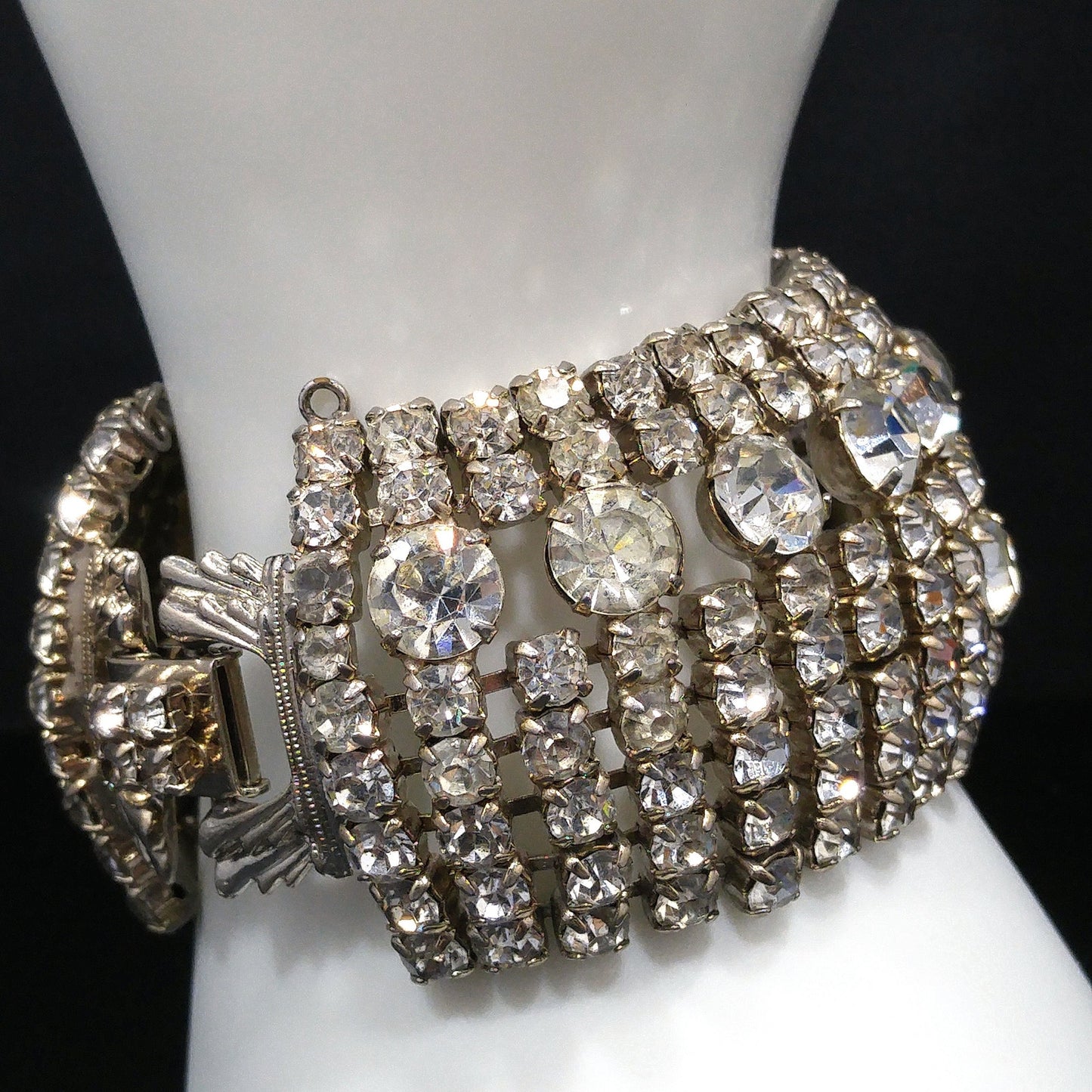 Mid Century Clear Rhinestone Wide Bracelet, 22K Gold Plate, 1950s Vintage Jewelry