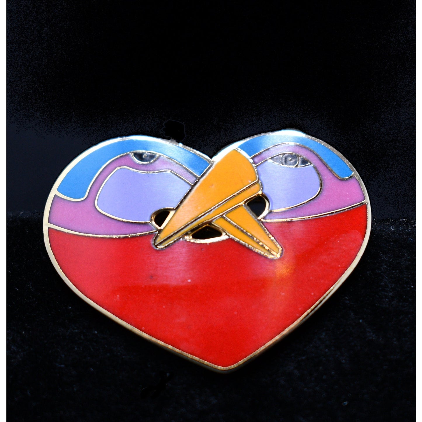 Laurel Burch "Bird Heart" Red Brooch & Earrings, Gold Plated Cloisonne Enamel, 1980s Vintage Jewelry