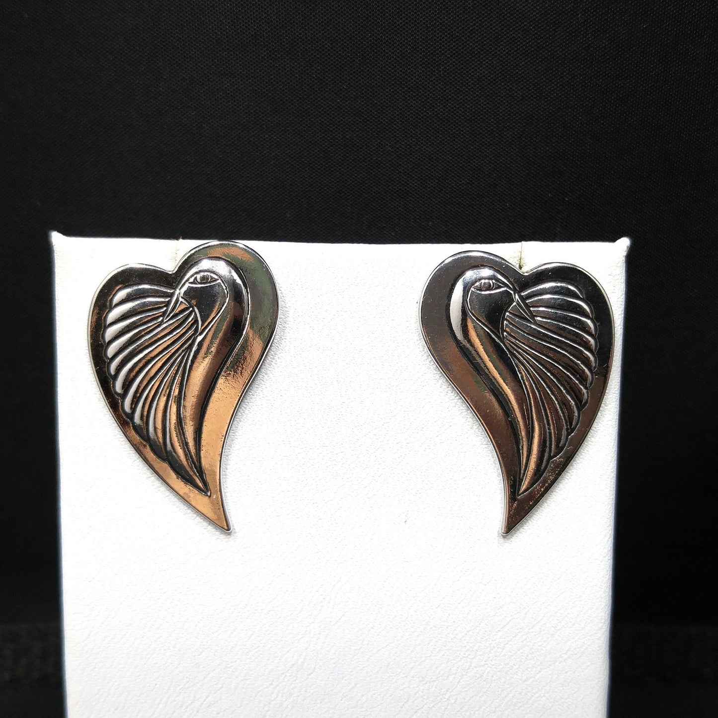 Vintage Laurel Burch Bird Heart Post Earrings, Rhodium Plated