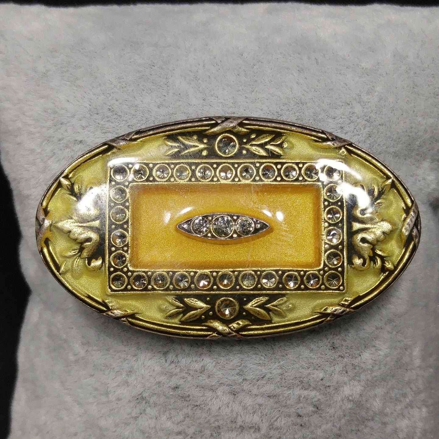 Catherine Popesco Oval Brooch, Cream & Gold Enamel, Rhinestones Under Enamel, France, 1980s Vintage Jewelry