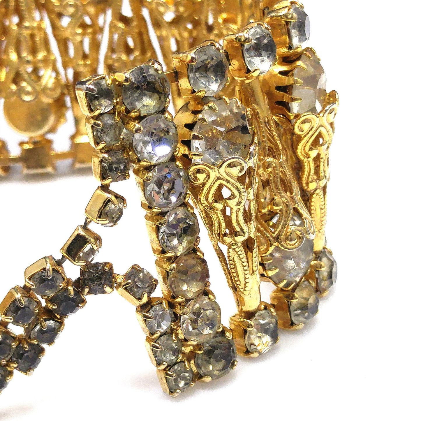 Vintage Filigree Cone Wide Choker Necklace, Gray Crystal Rhinestones, 1960s Vintage Jewelry