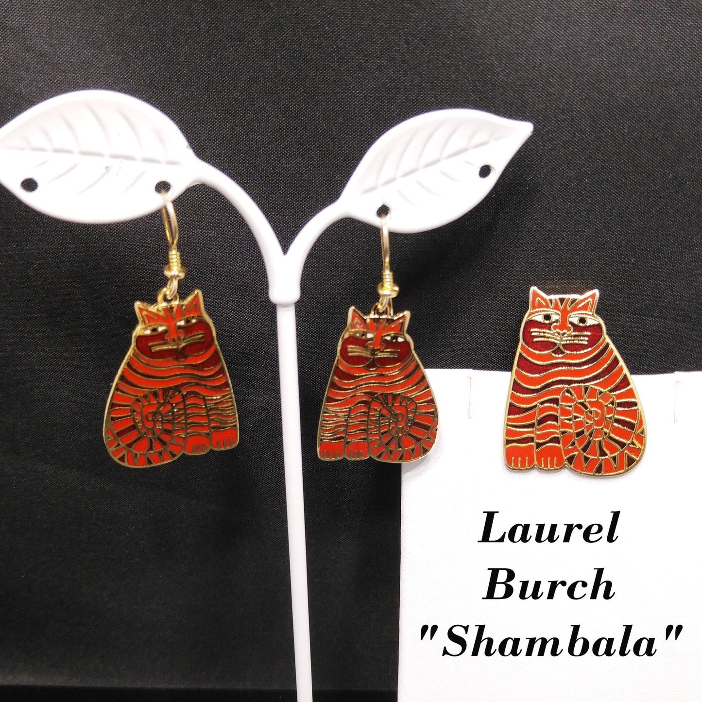 Laurel Burch "Shambala" Red Cat Brooch & Earrings, Gold Plated Cloisonné Enamel, 1980s Vintage Jewelry