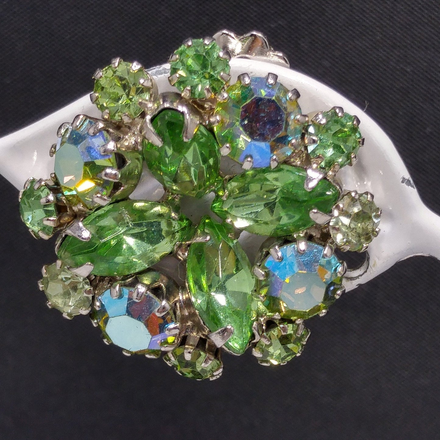 Weiss Peridot Green Rhinestone Clip Earrings, Rhodium Plated, 1960s Vintage Jewelry