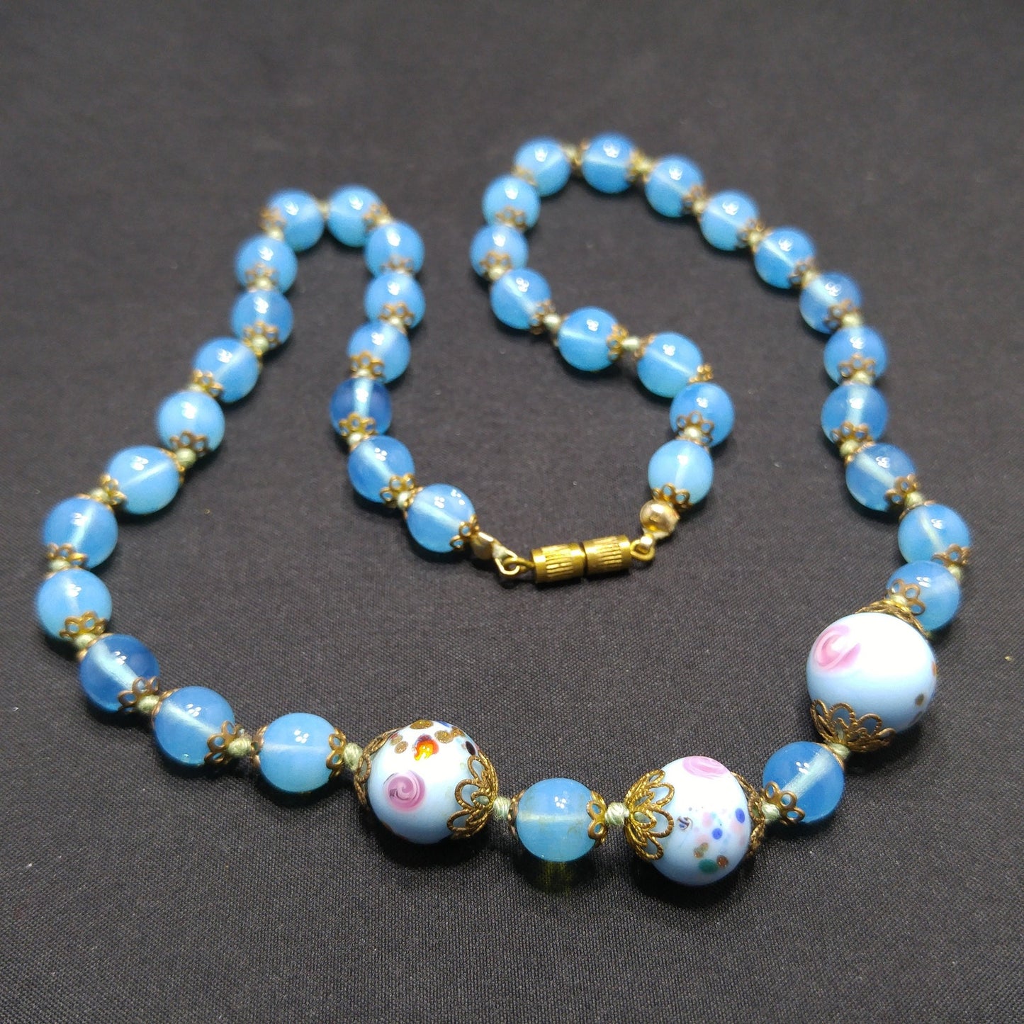 Murano Bead Hand Knotted Necklace, Three Wedding Cake Beads, 1950s Vintage Jewelry