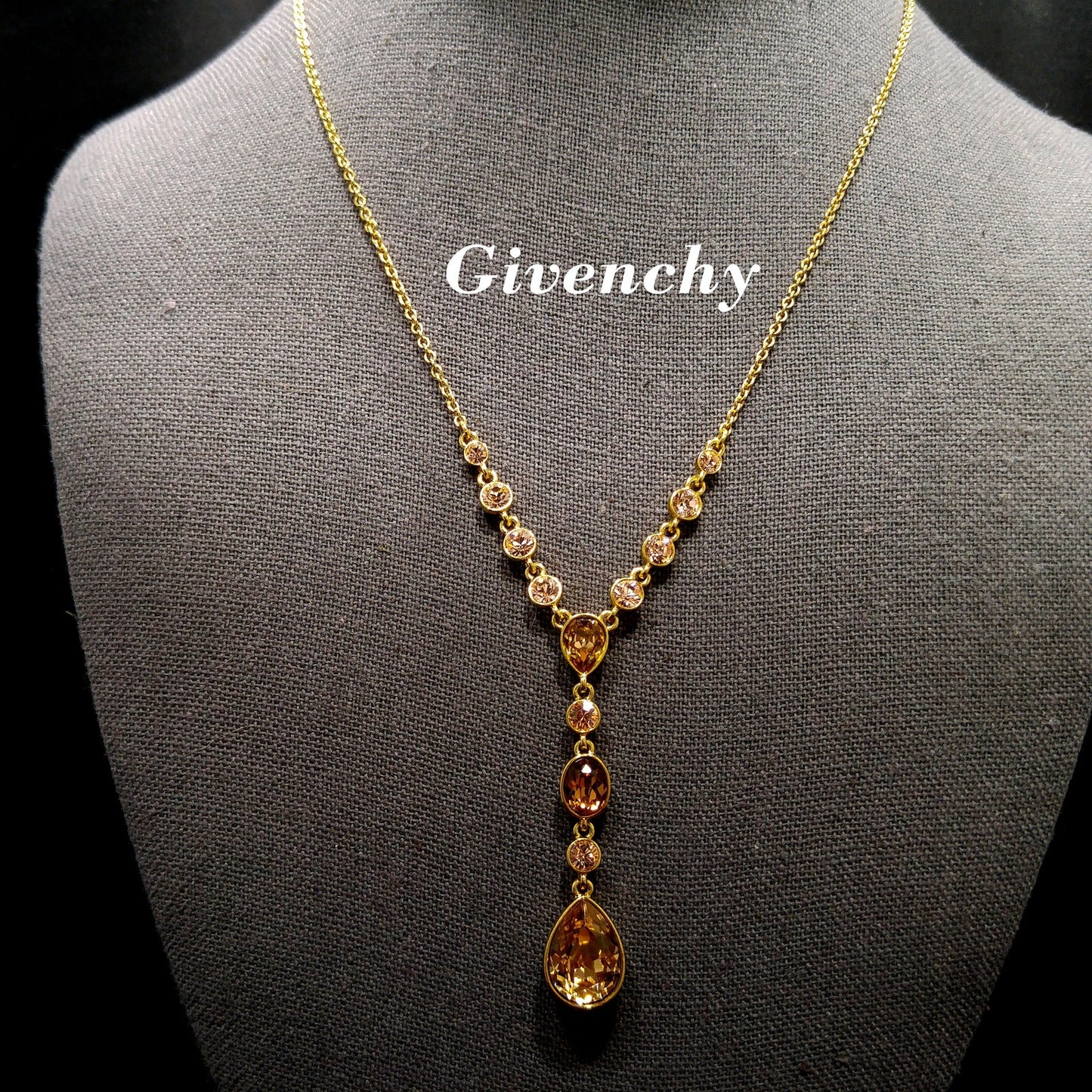 Givenchy Topaz Rhinestone Drop Necklace, Gold Plated, 1990s Vintage Jewelry