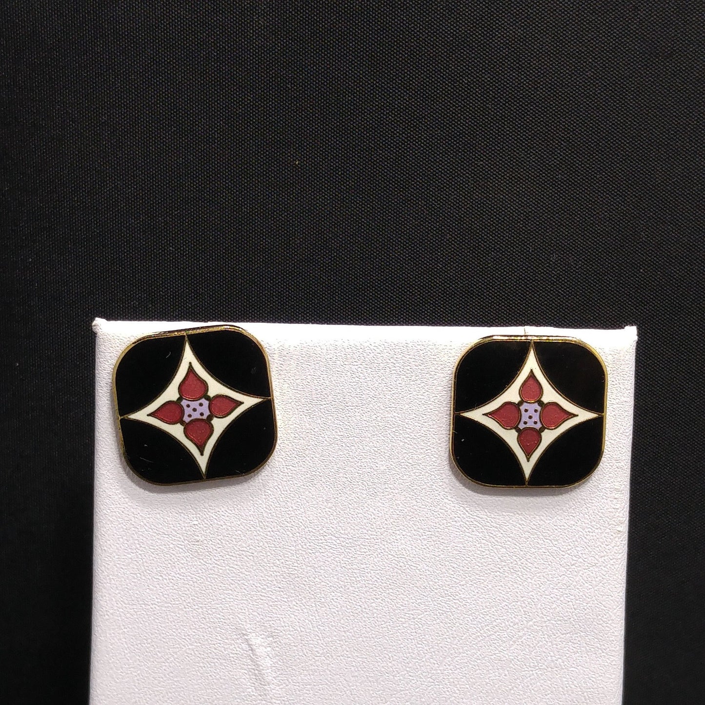 Vintage Laurel Burch "Minya" Post Earrings, Gold Plated, Enamel Cloisonne, 1980s