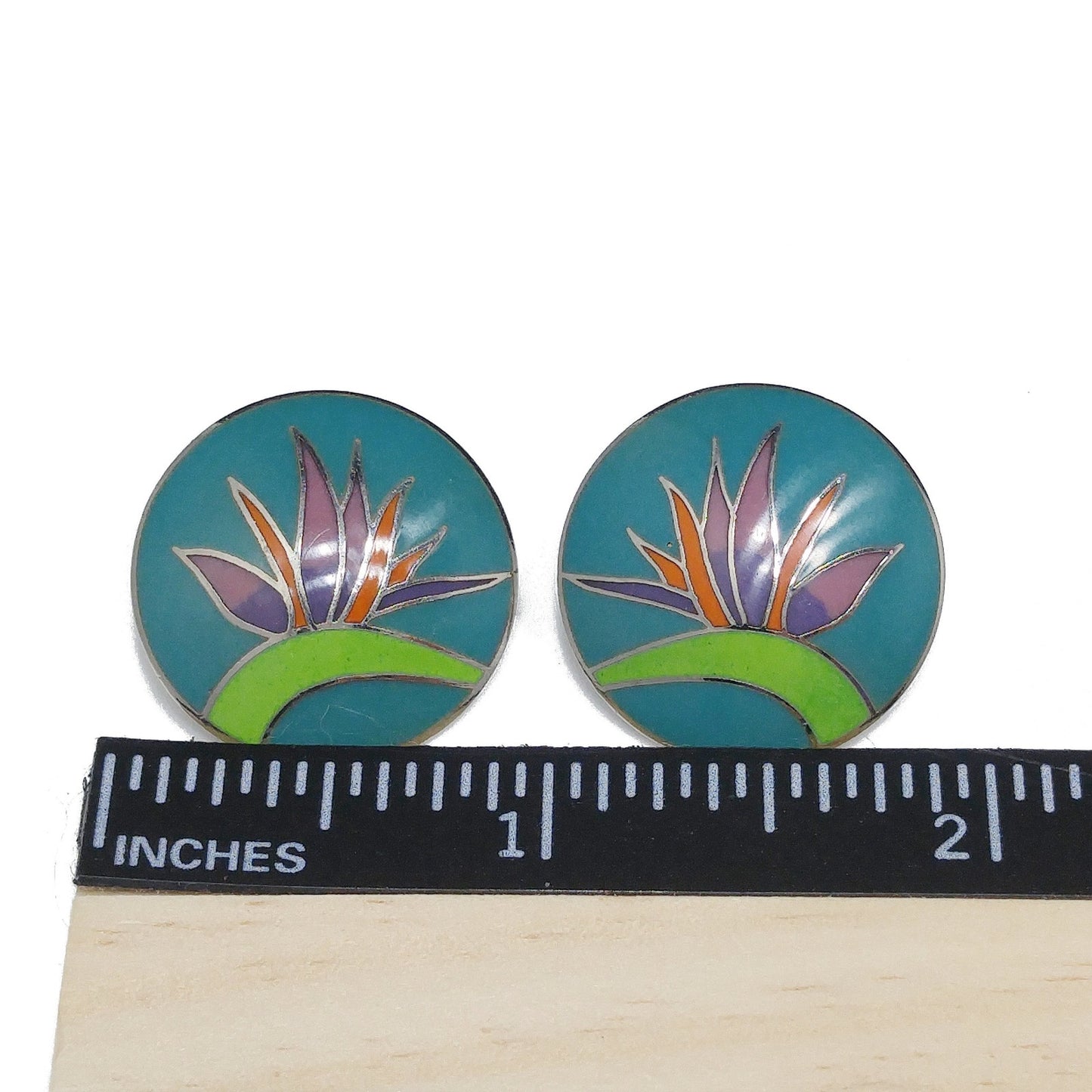 Vintage Laurel Burch Bird of Paradise Post Earrings, Silver Tone Cloisonné