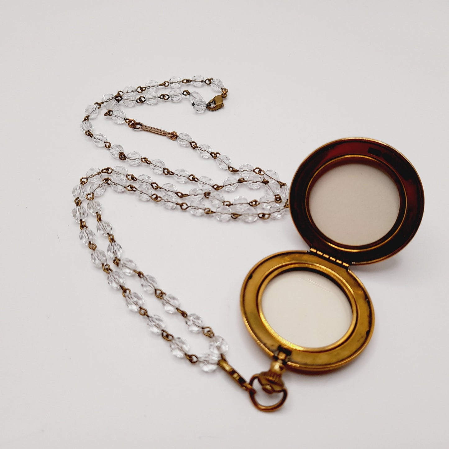 Vintage Extasia Intaglio Pocket Watch Style Locket Clear Bead Necklace, 28 Inches