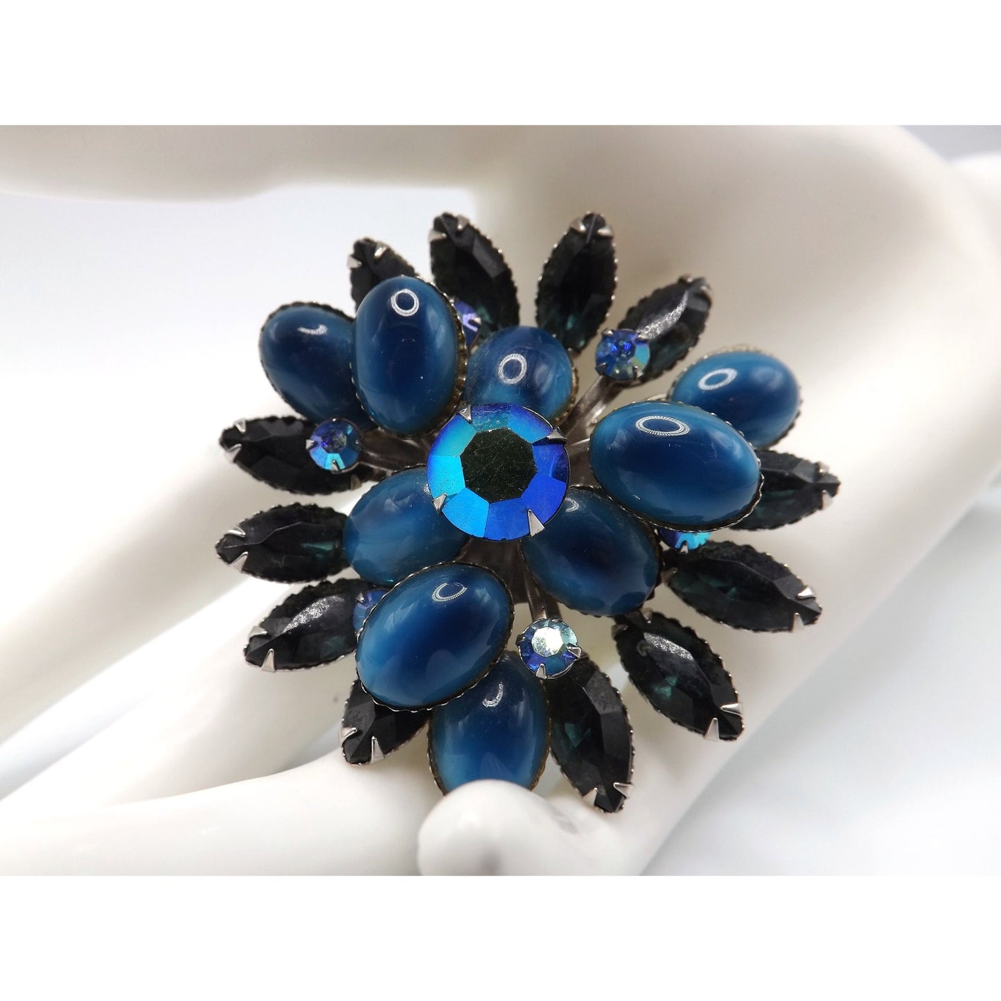 Blue Floral Mid-Century Brooch, Riveted Construction, 1950s Vintage Jewelry