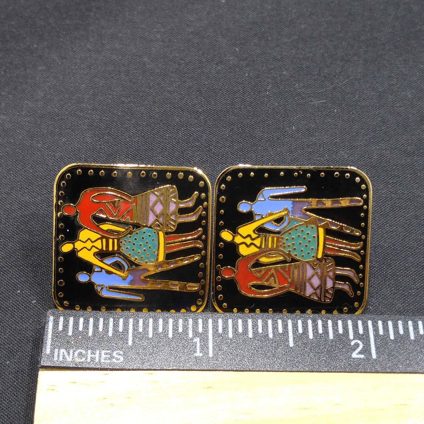 Vintage Laurel Burch "Familia" Post Earrings, Gold Plate Enamel