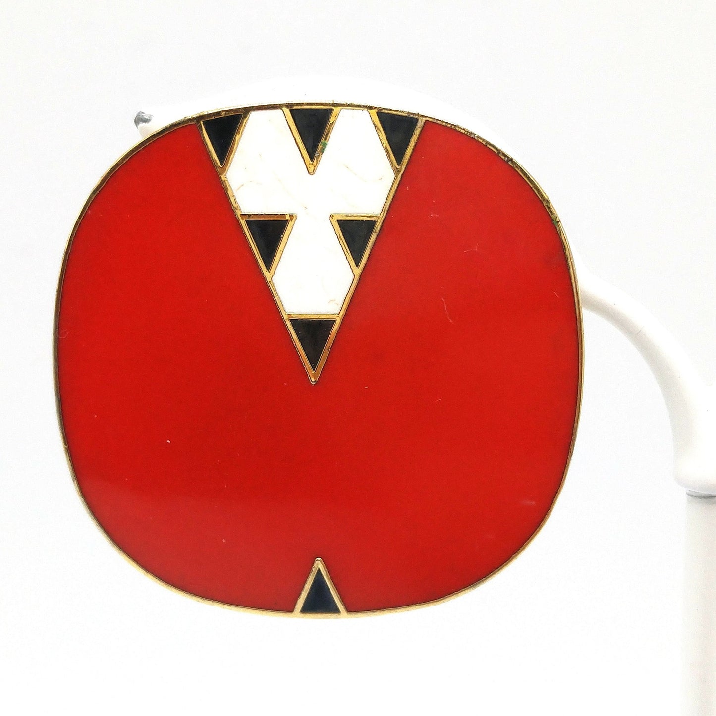 Laurel Burch "Mantra" Large Clip Earrings, Red White Black Enamel, Gold Plated, 1980s Vintage Jewelry