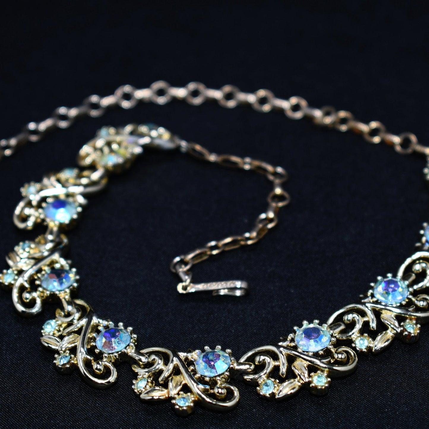 Coro Blue Aurora Borealis Gold Tone Choker Necklace, 1950s Vintage Jewelry