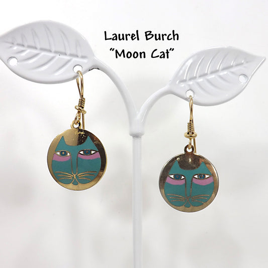 Vintage Laurel Burch "Moon Cat" Earrings, Teal Pink & Gold Cats
