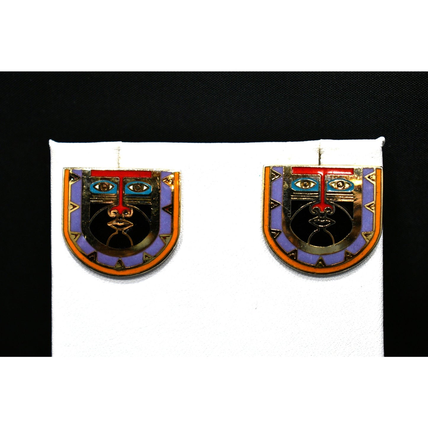 Laurel Burch "Kubera" Mask Tribal Post Earrings, Cloisonne Enamel, 1980s