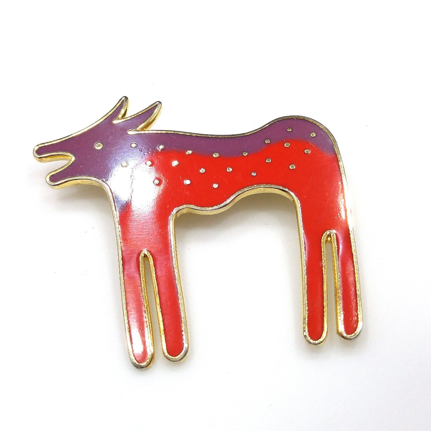 Laurel Burch "Wild Dog" Purple & Red Enamel Brooch, Cloisonne Gold Plated, 1980s