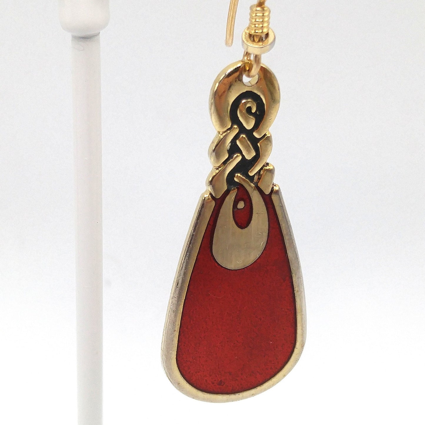 Vintage Laurel Burch Love Knot Earrings, Red Enamel, Gold Plated